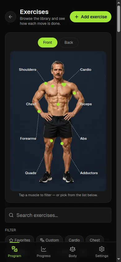 Trainr exercise catalog with an interactive muscle body map