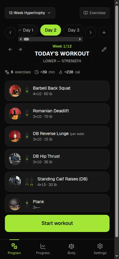 Trainr program hub showing the current training program and week of workouts