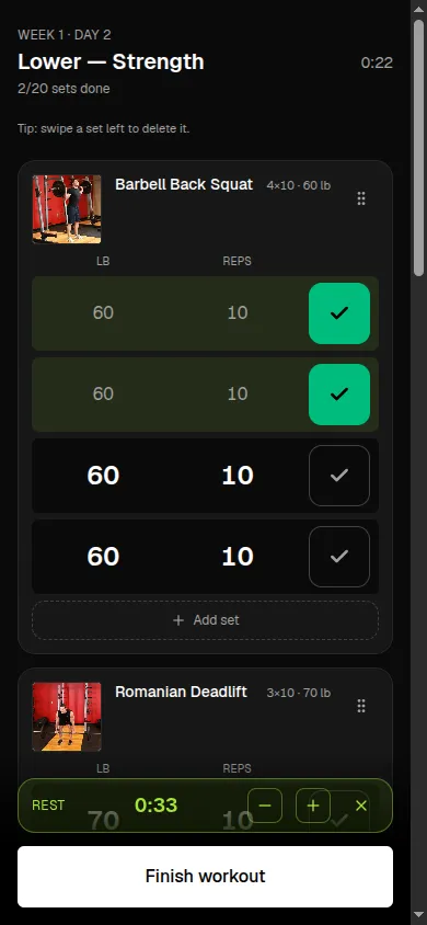 Trainr workout screen logging sets with a rest timer